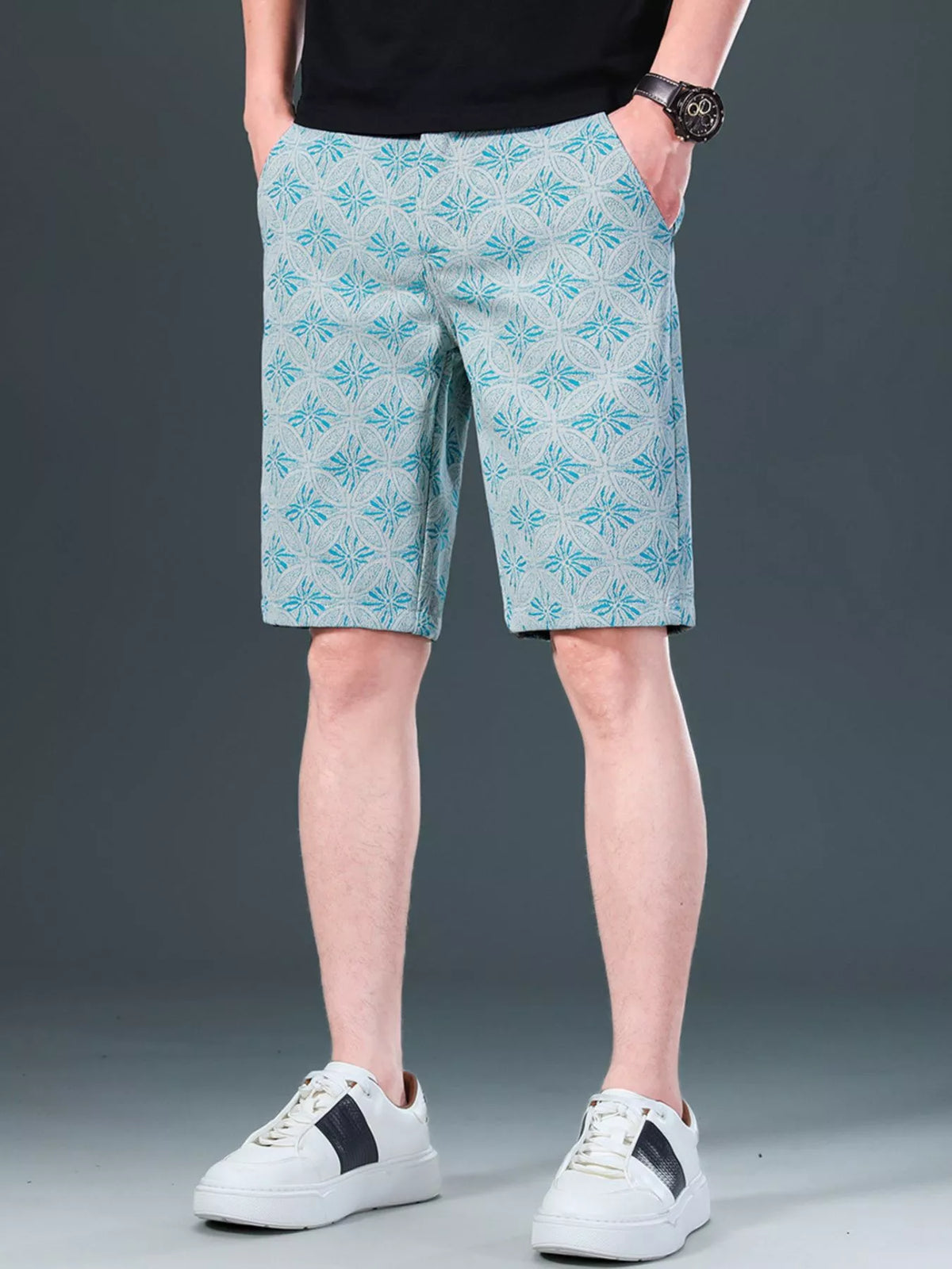 Men's Printed Loose Fit Shorts in Air Force Blue, view 2
