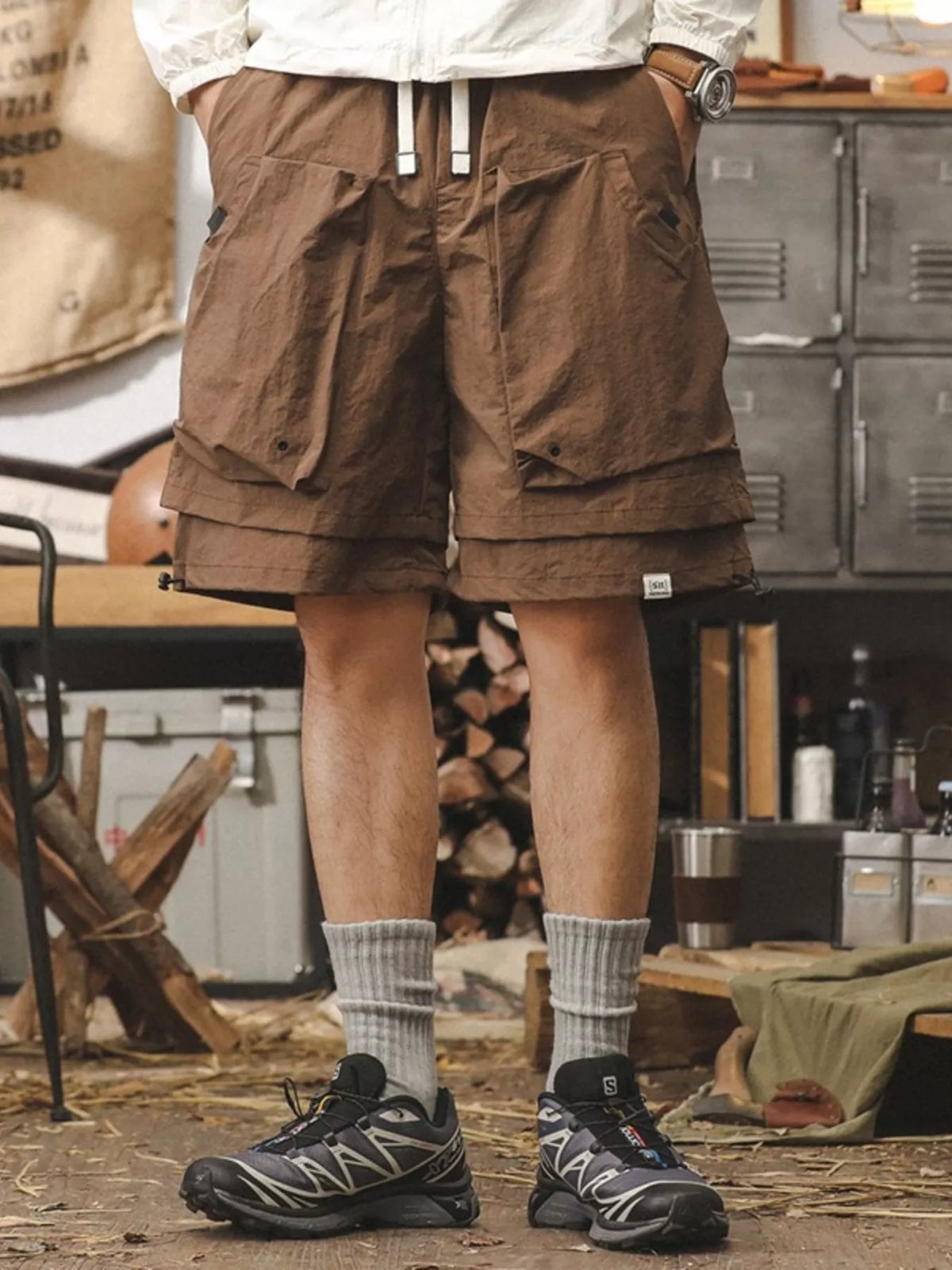 Men's Plus Size Multiple Pocket Layered Cargo Shorts with Drawstring Hem - Lilixa.store