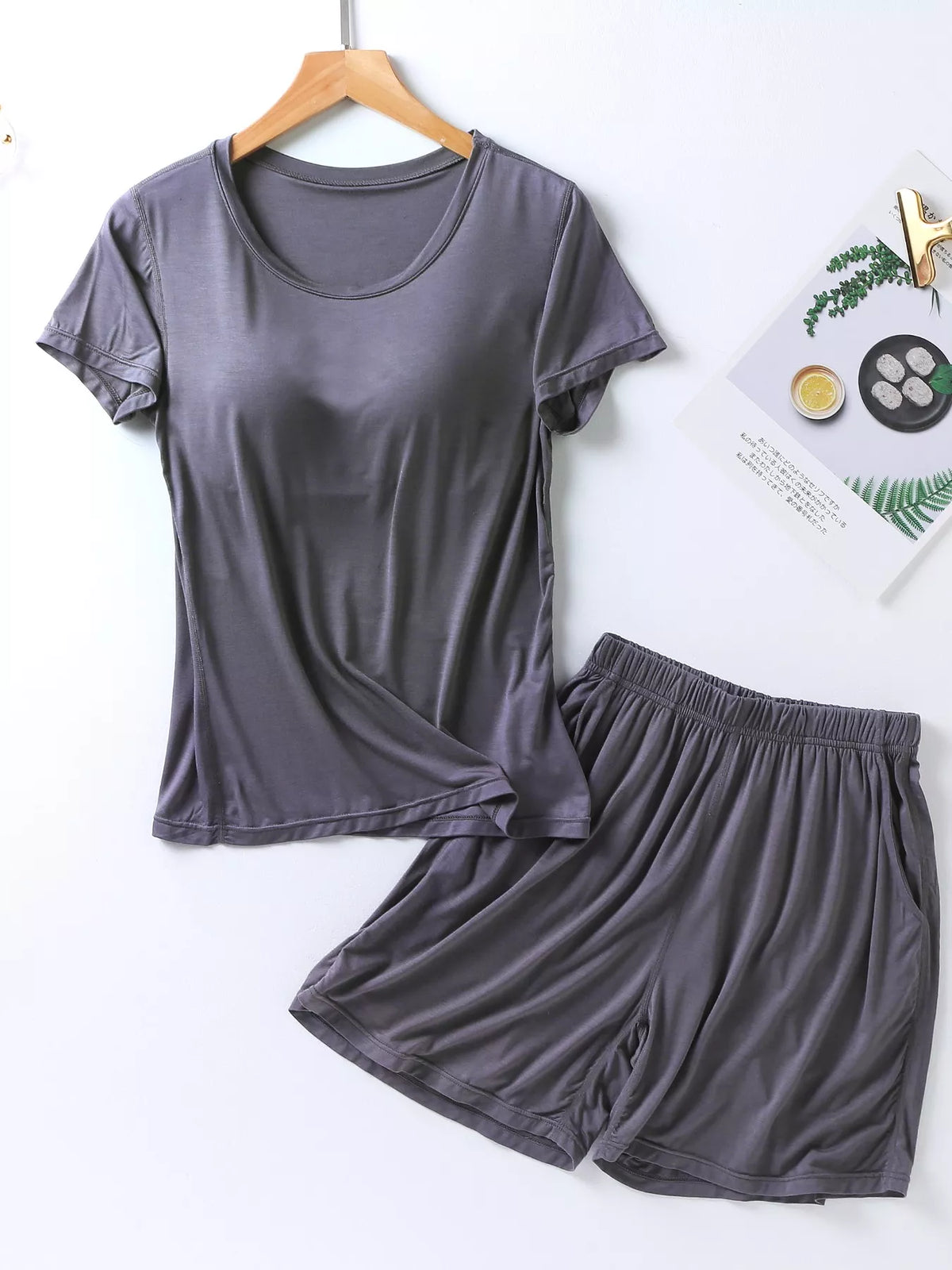 Plus Size Padded Round Neck Modal T-Shirt and Shorts Set - Lilixa.store