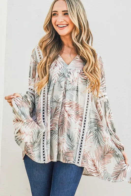 And The Why Printed with Lace Trim Casual Tunic Top in Sage