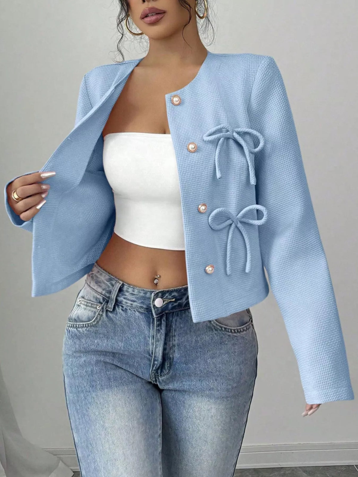 Bow Detail Cropped Outerwear, view 15