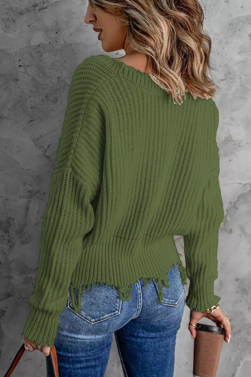 Full Size Raw Hem V-Neck Sweater Plus Size - Lilixa.store