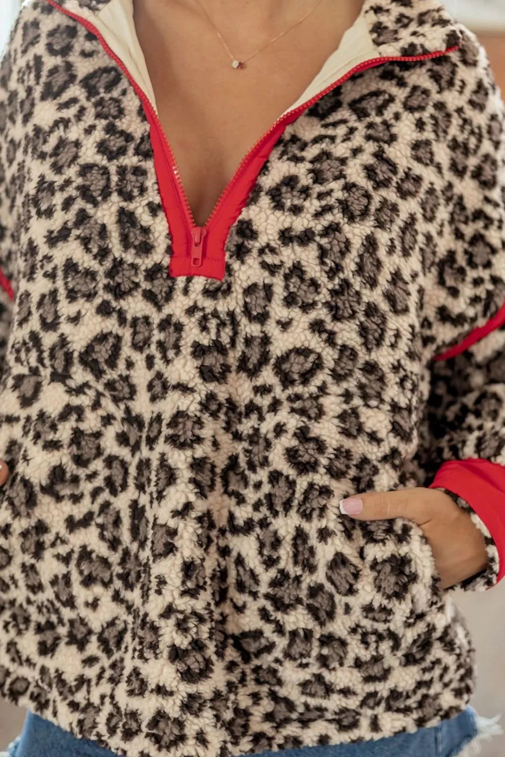 Leopard Print Zip-Up Red Accents Pockets Sweatshirt, view 7