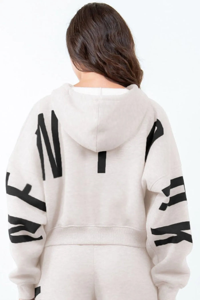 American Bazi Letter Graphic Long Sleeve Drawstring Cropped Hoodie - Lilixa.store