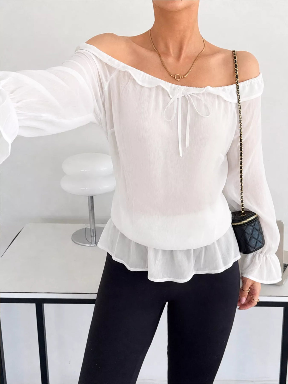 Off-Shoulder Flounce Sleeve Chiffon Blouse - Lilixa.store