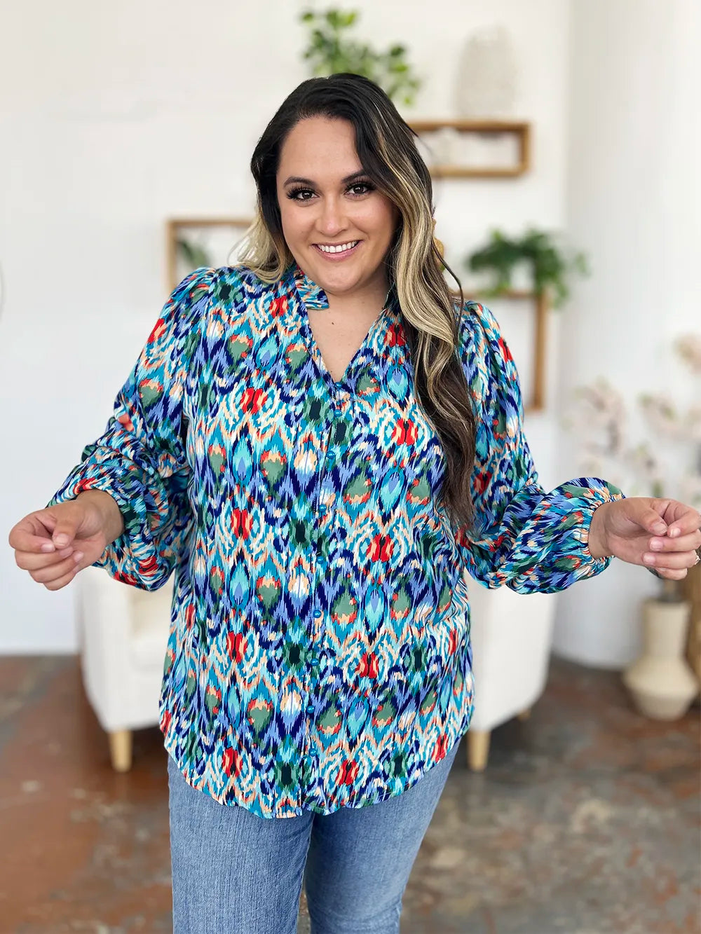 Double Take Full Size Printed Balloon Sleeve Blouse - Lilixa.store