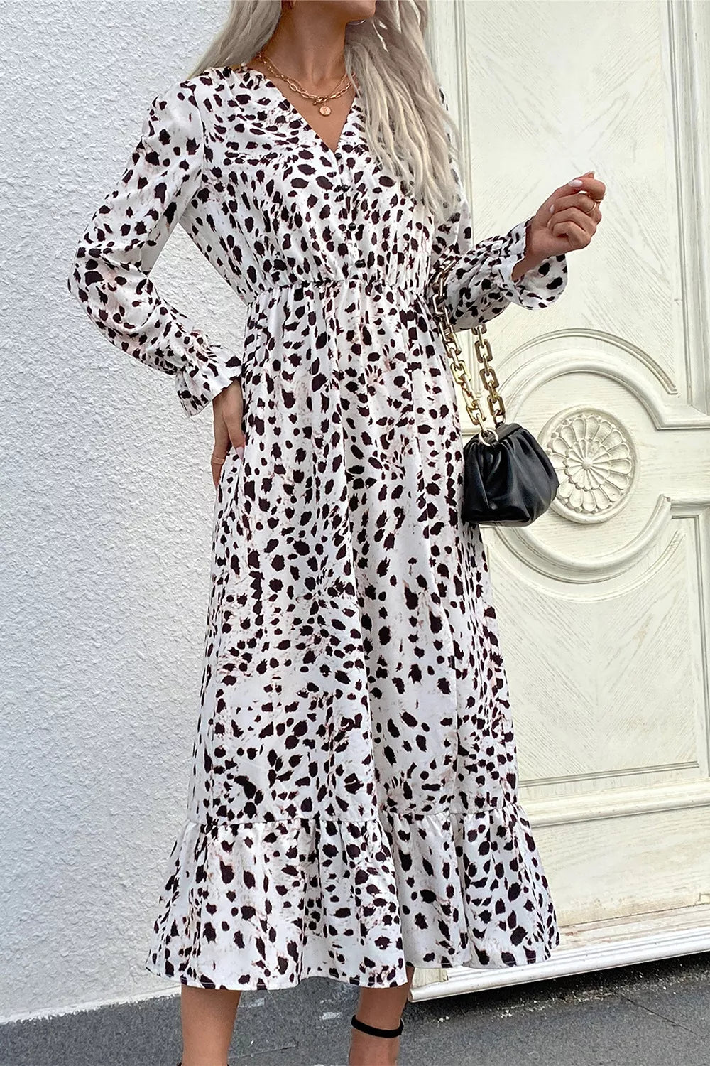Slit Ruffled Hem Flounce Sleeve Midi Dress