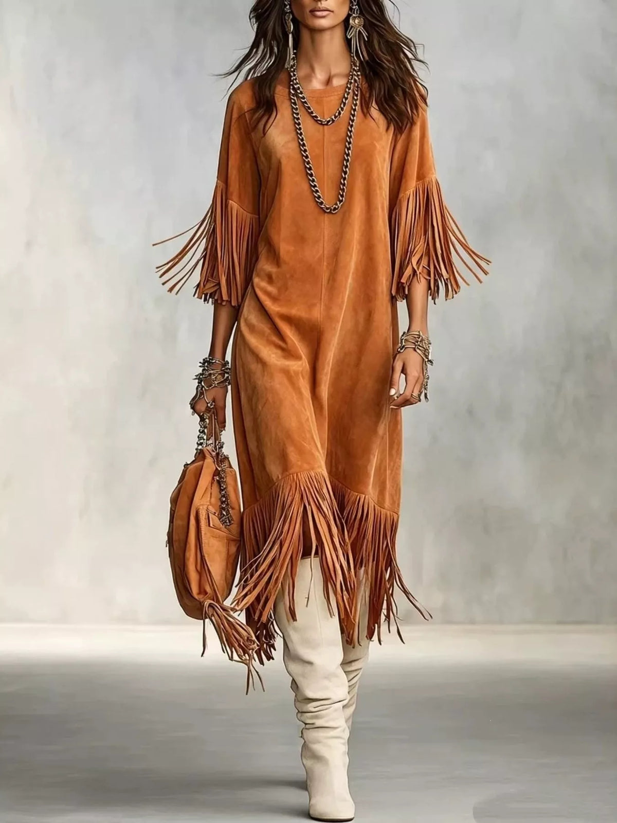Fringed Round Neck Midi Dress - Lilixa.store