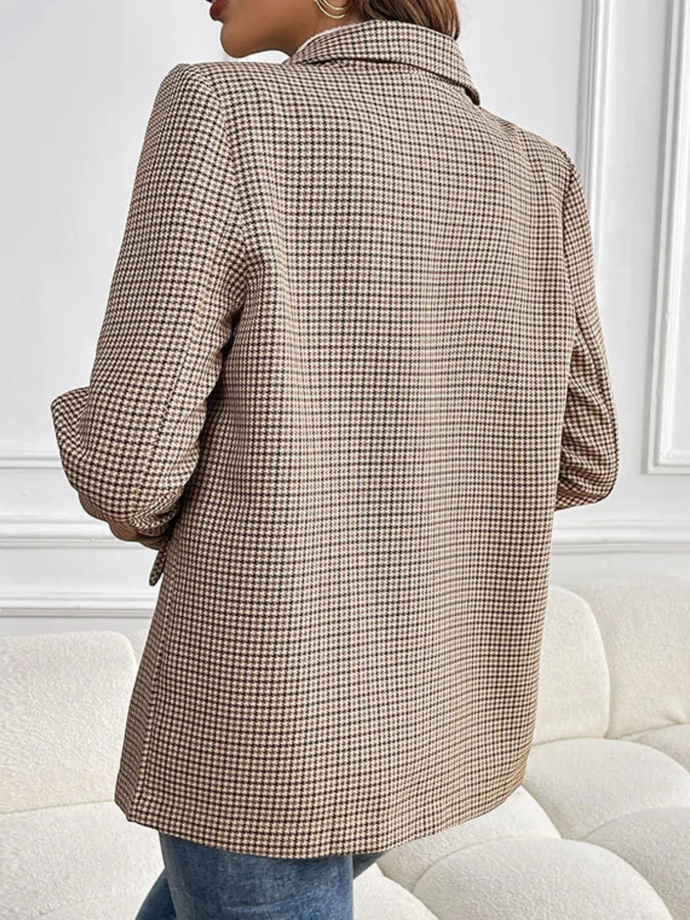 Perfee Plaid Lapel Collar Long Sleeve Blazer in Camel, view 2