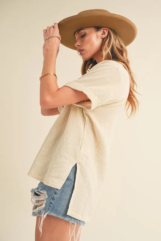 Aemi + Co Side Slit Johnny Collar Short Sleeve Cotton Gauze Blouse - Lilixa.store
