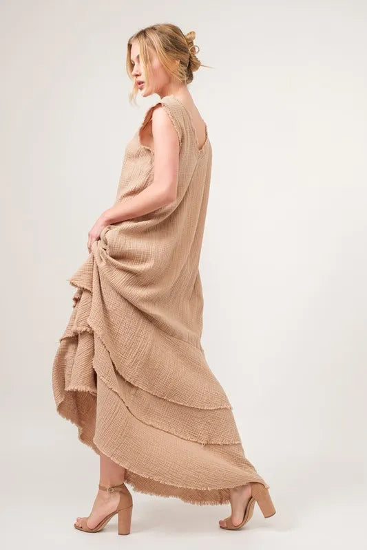 And The Why Washed Fringe Detail Tiered Dress - Lilixa.store