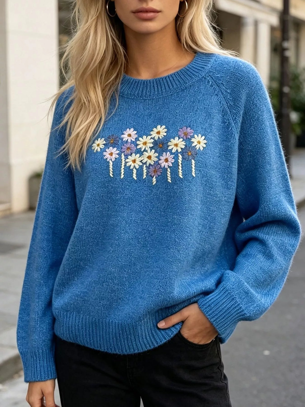 Floral Embroidered Round Neck Sweater in Blue