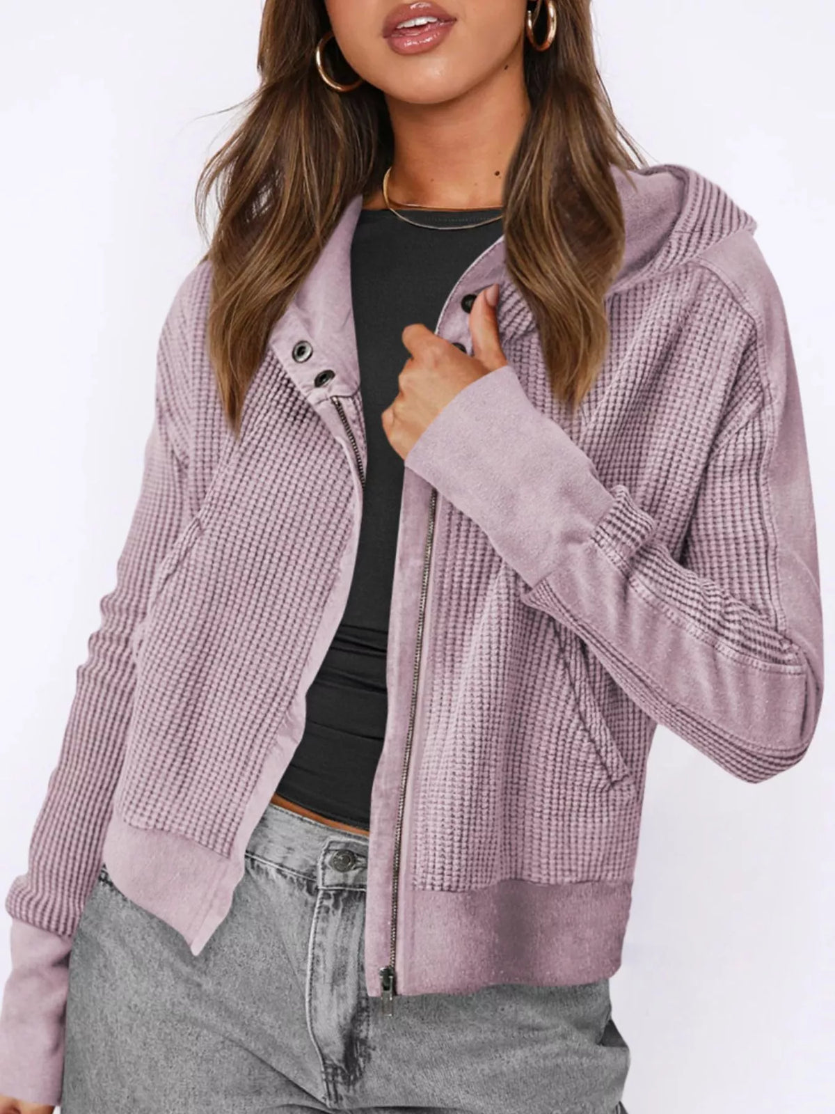 Waffle Knit Zip-Up Jacket - Lilixa.store