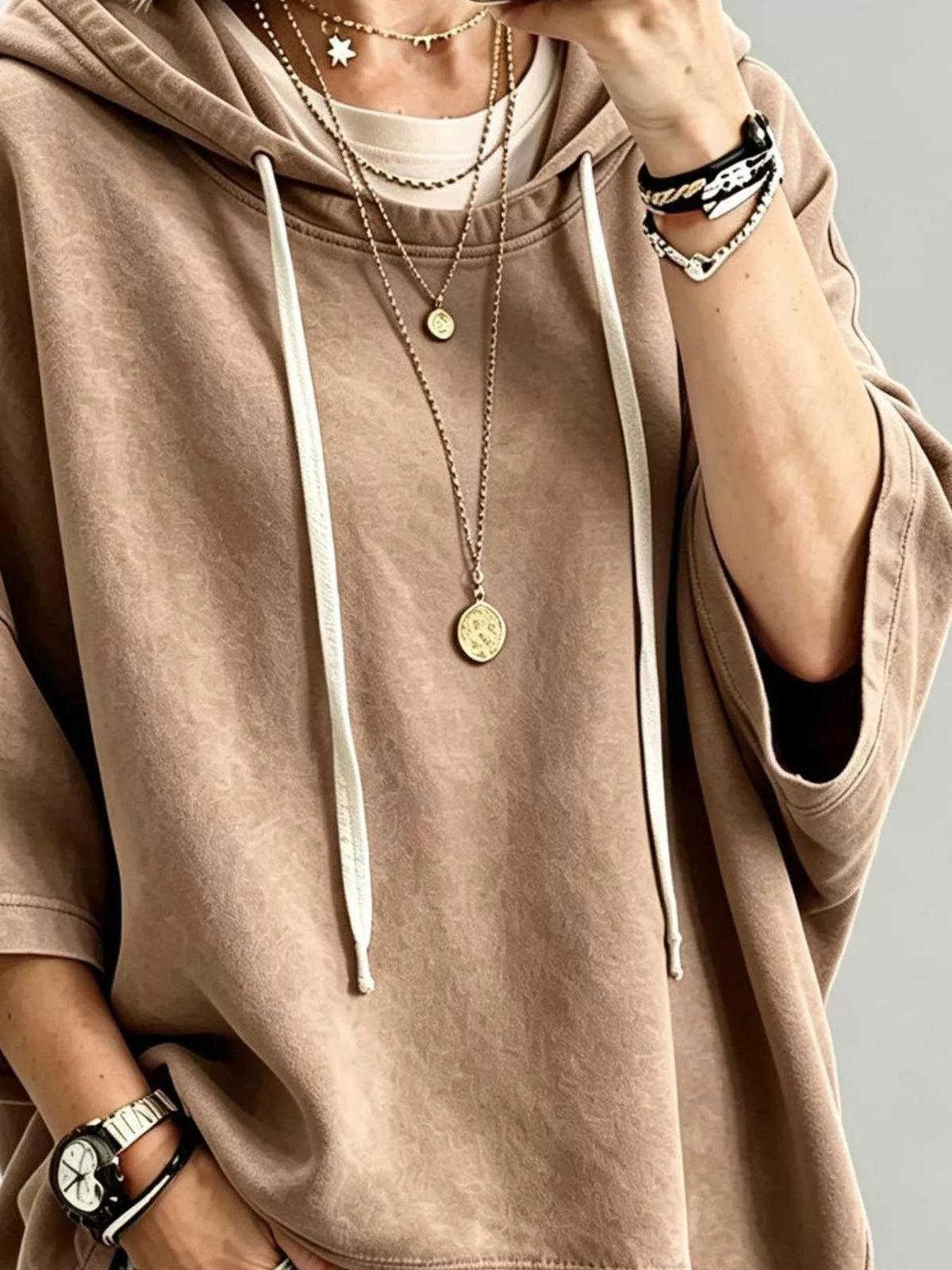 Drawstring 3/4 Sleeve Hoodie - Lilixa.store