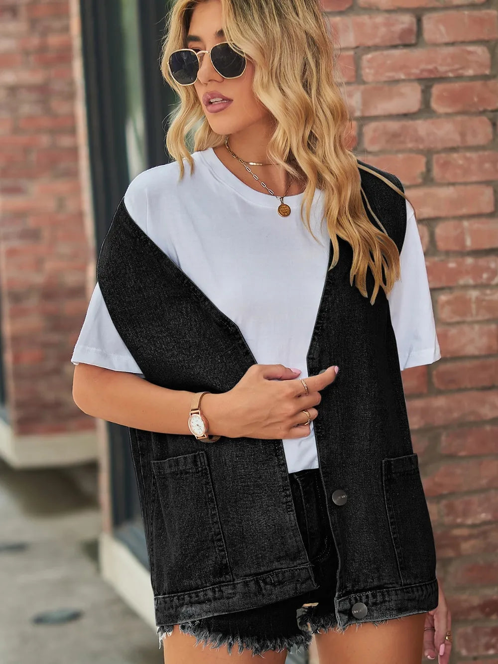 Full Size V-Neck Button Up Denim Vest - Lilixa.store