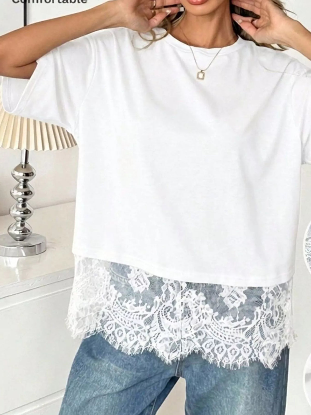 Lace Hem Round Neck T-Shirt, view 7