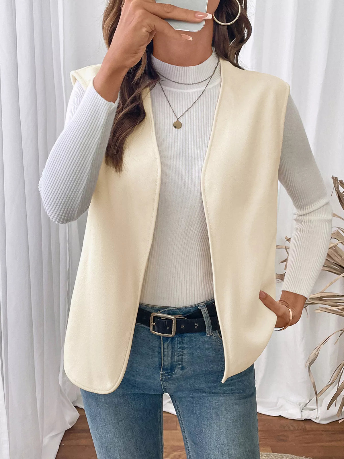 Full Size Open Front Vest Coat Plus Size in Apricot, view 5