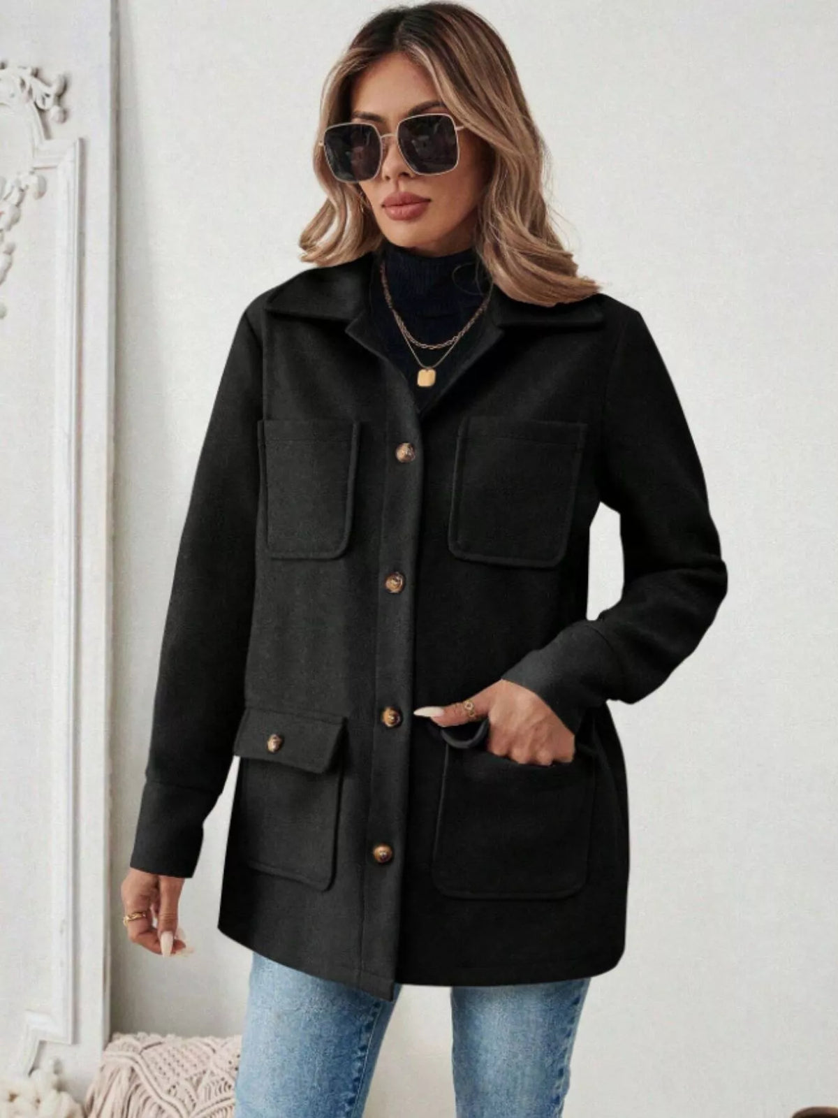 Button-Front Pocketed Long Sleeve Outerwear in Black
