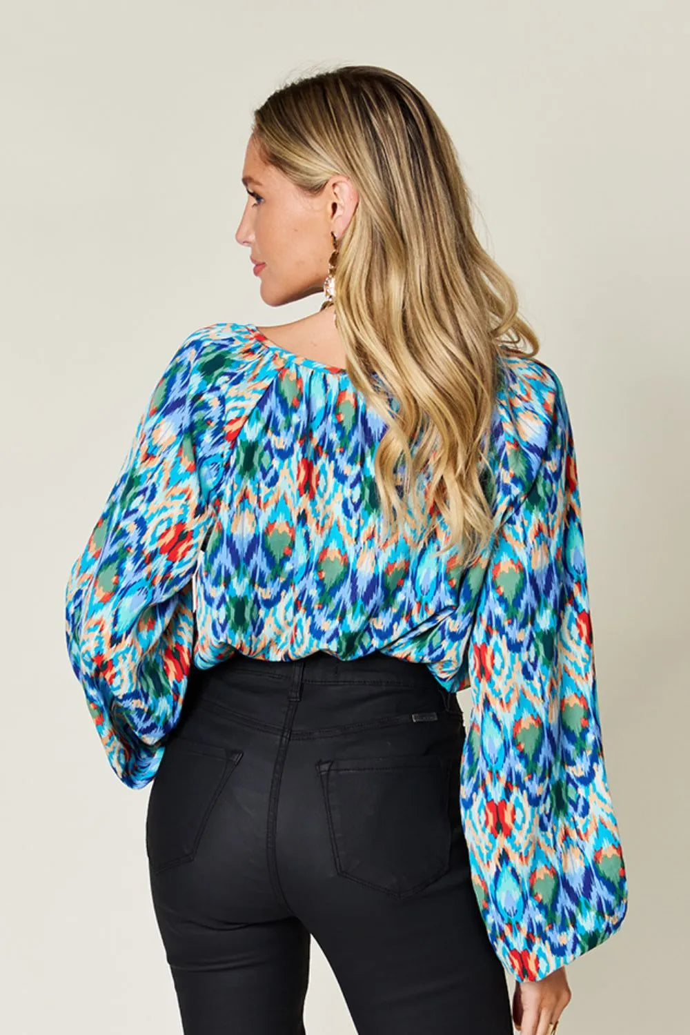 Double Take Full Size Printed Balloon Sleeve Blouse - Lilixa.store