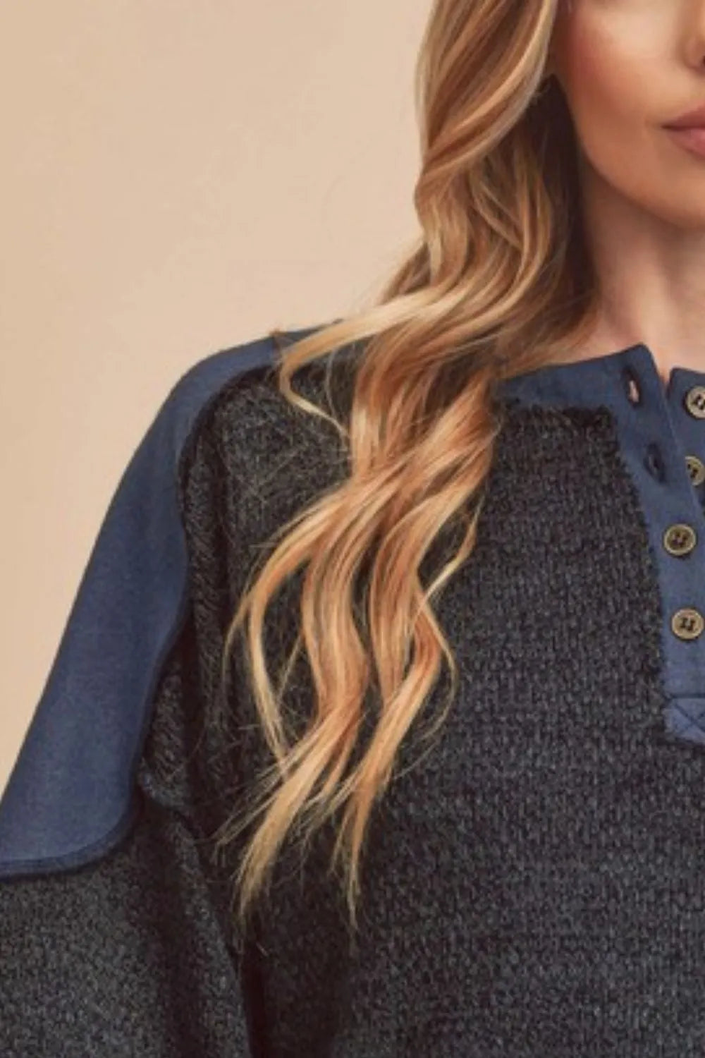 Aemi + Co Side Slit Button Detail Contrast Shoulder Sweatshirt in Dark Navy, view 3