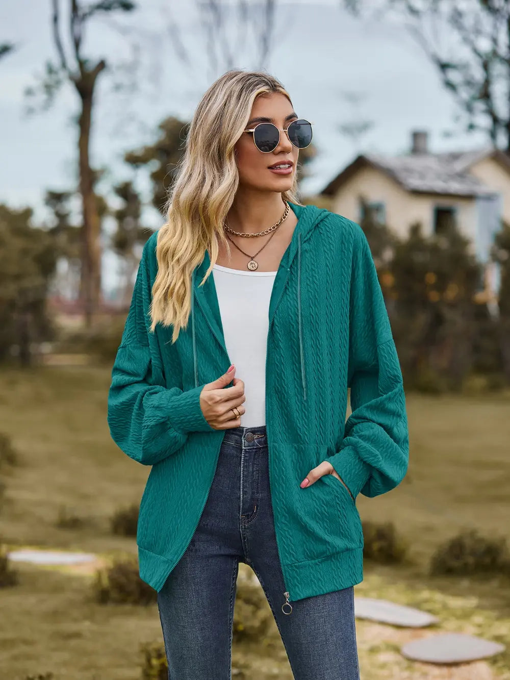 Zip Up Drawstring Long Sleeve Hooded Jacket in Deep Teal