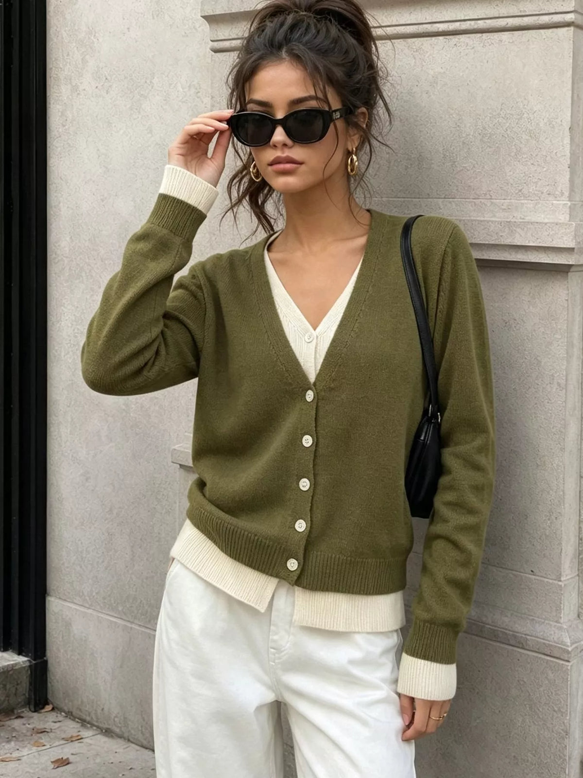 V-Neck Button-Down Contrast Layered Cardigan in Green