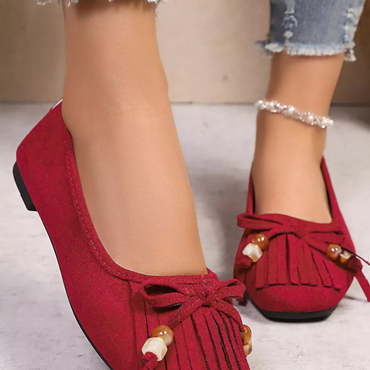 Suede Fringe Slip-Ons, view 6