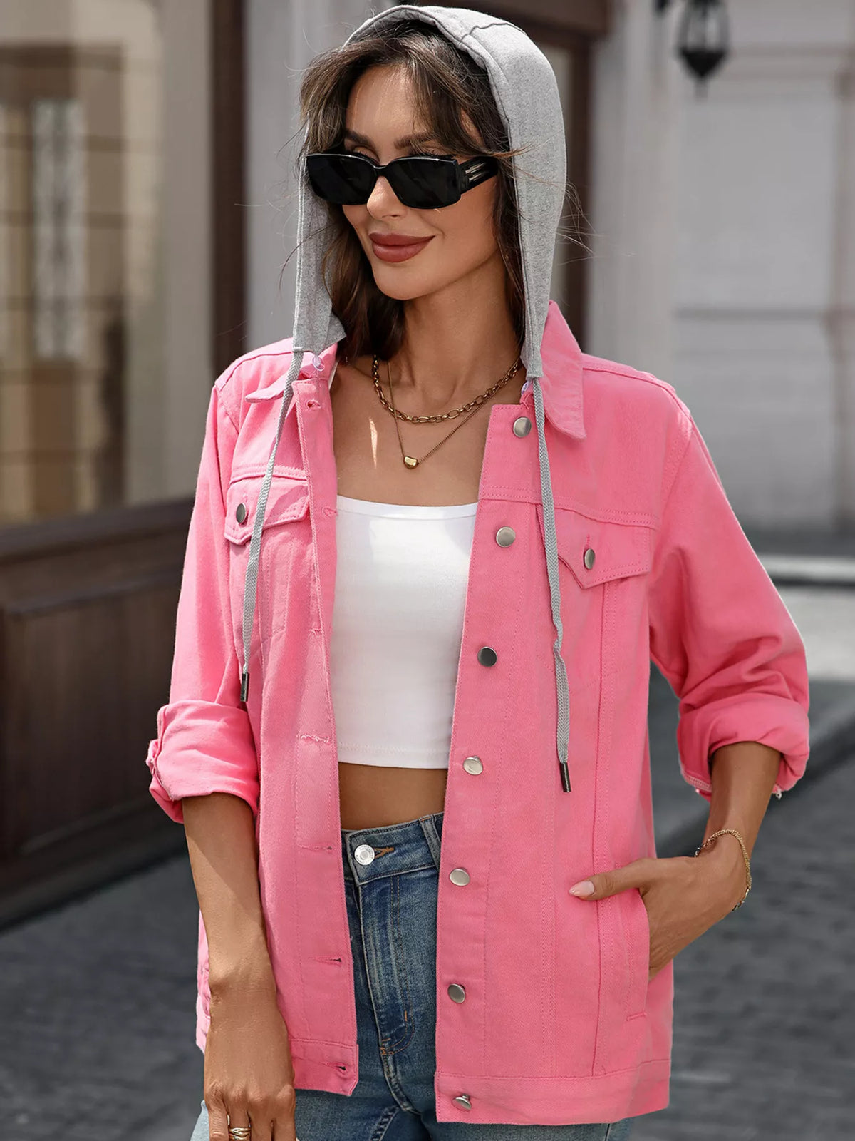 Button Up Long Sleeve Denim Jacket, view 2