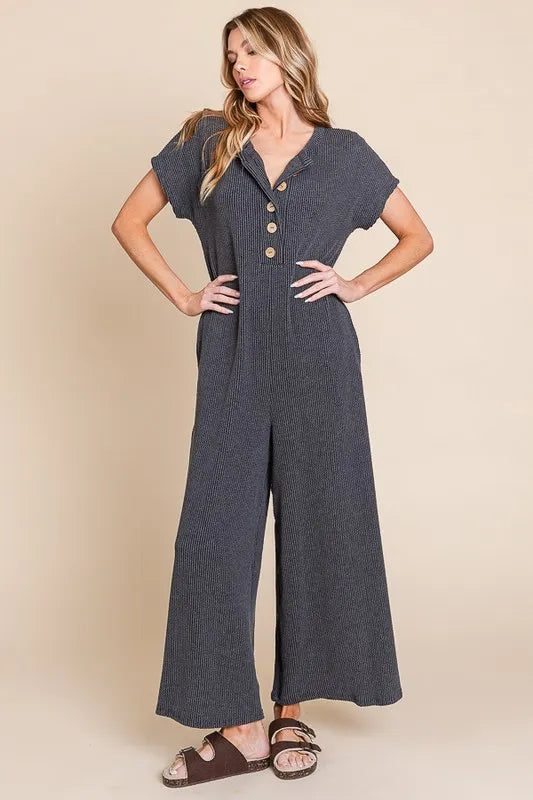 BOMBOM Rib Knit Jumpsuit with Button Detail - Lilixa.store