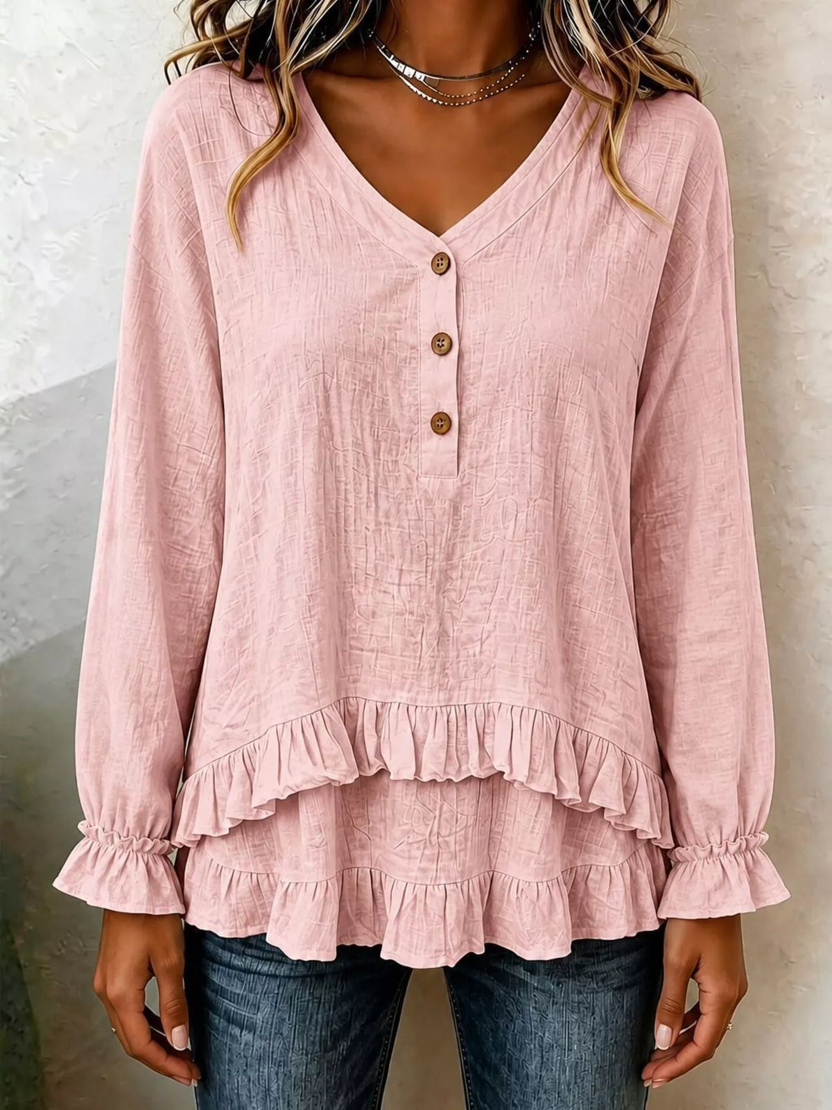V-Neck Long Sleeve Button Detail Ruffled Hem Blouse in Pink