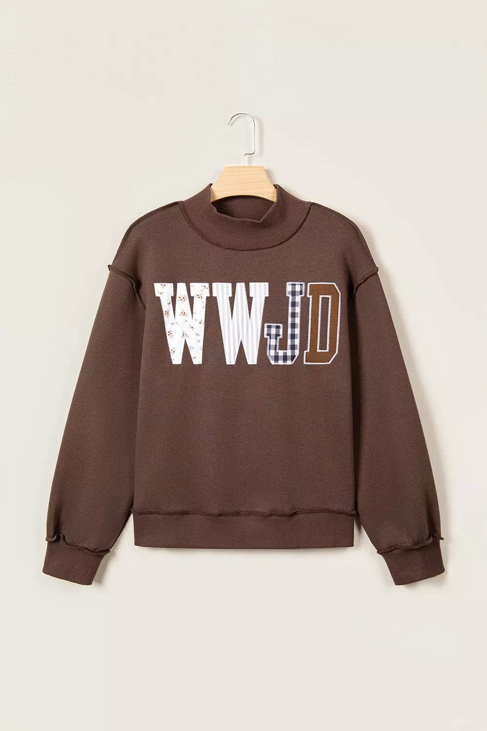 WWJD Mixed Pattern Embroidered Patch Graphic Mock Neck Sweatshirt in Dark Brown, view 4