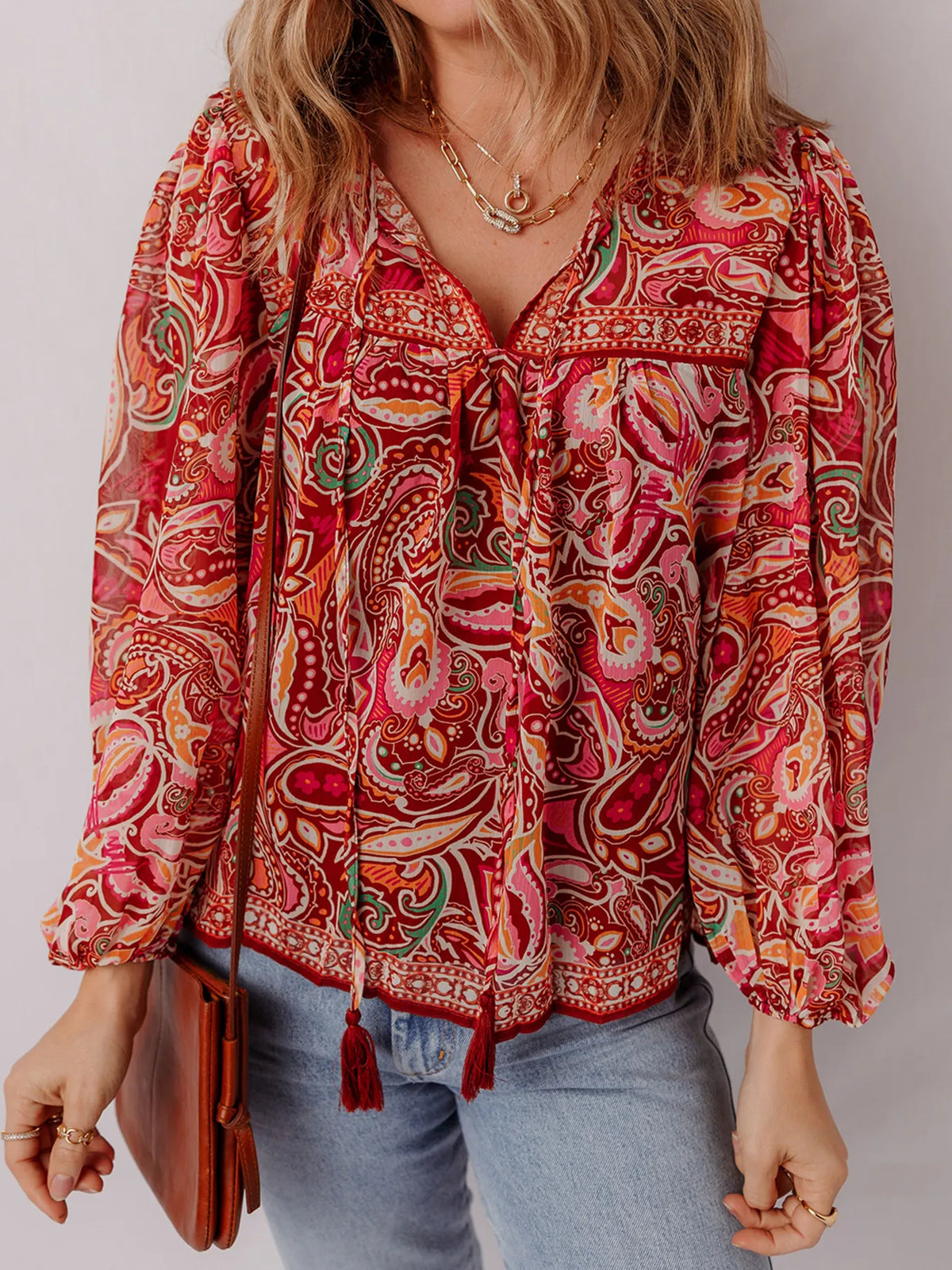 Multicolour Ethnic Paisley Print Tassel Tie Puff Sleeve Boho Blouse in Floral