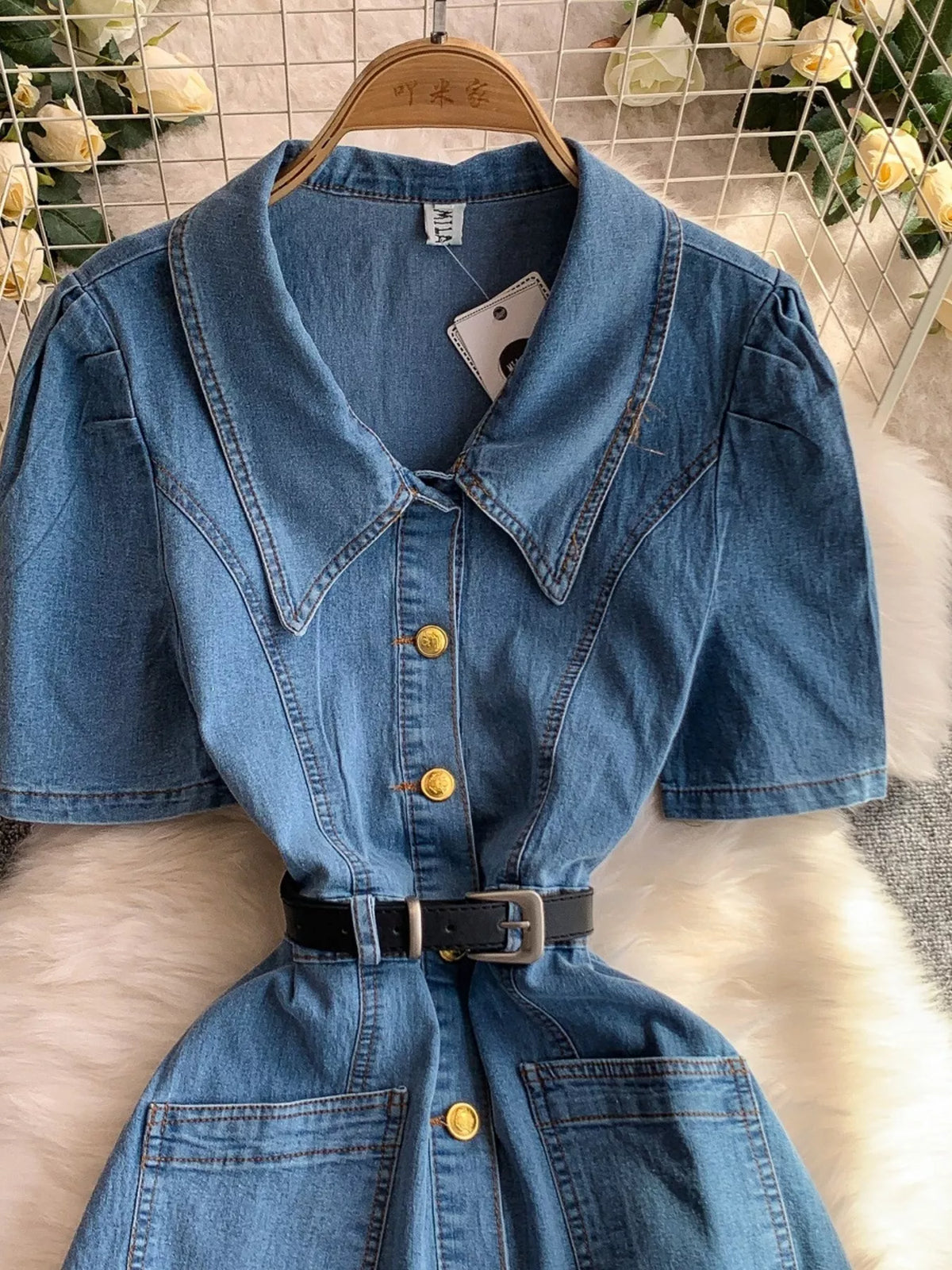 Button Front Short Sleeve Denim Dress - Lilixa.store