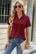 Pocketed Johnny Collar Short Sleeve Blouse - Lilixa.store