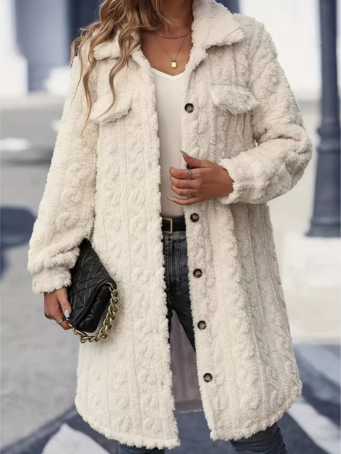 Fuzzy Button Up Long Sleeve Longline Coat in Cream