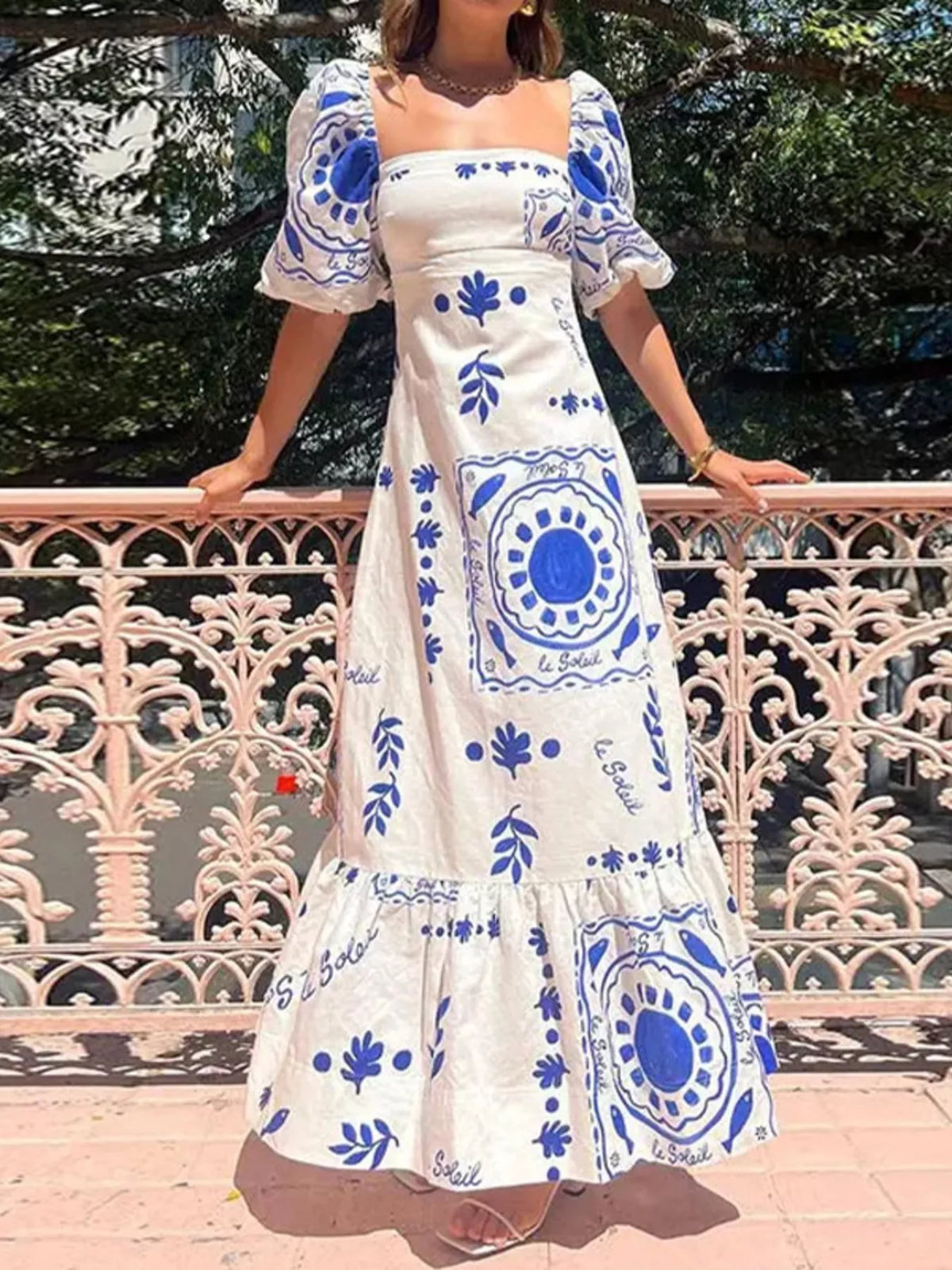 Full Size Floral Print Puff Sleeve Maxi Dress Plus Size in White
