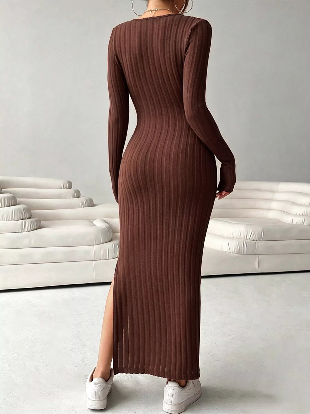 Slit Long Sleeve Ribbed Knit Maxi Dress - Lilixa.store