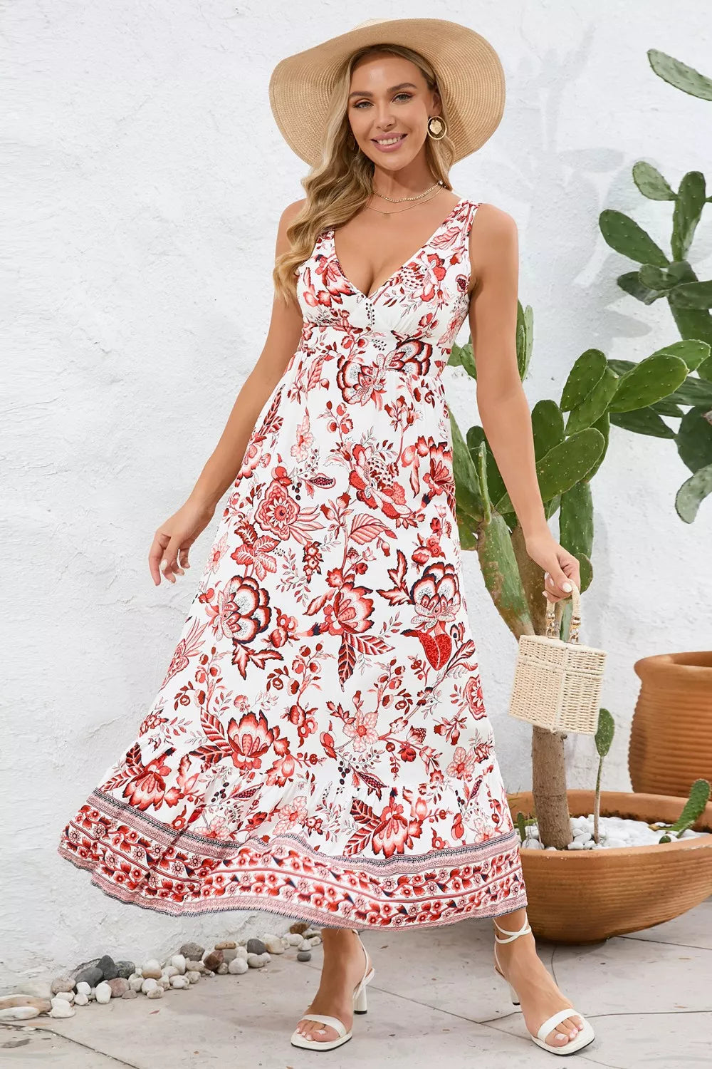 Printed V-Neck Wide Strap Dress - Lilixa.store