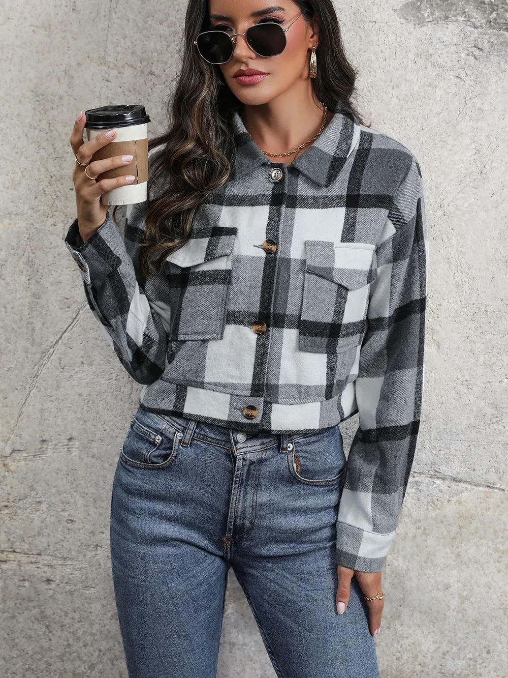 Perfee Plaid Button Up Drop Shoulder Cropped Jacket, view 11