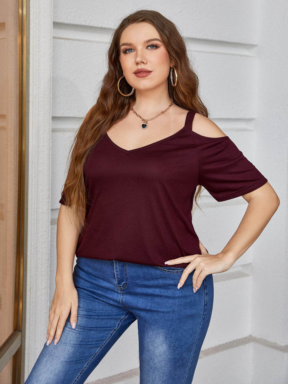 Plus Size V-Neck Cold-Shoulder Blouse in Burgundy