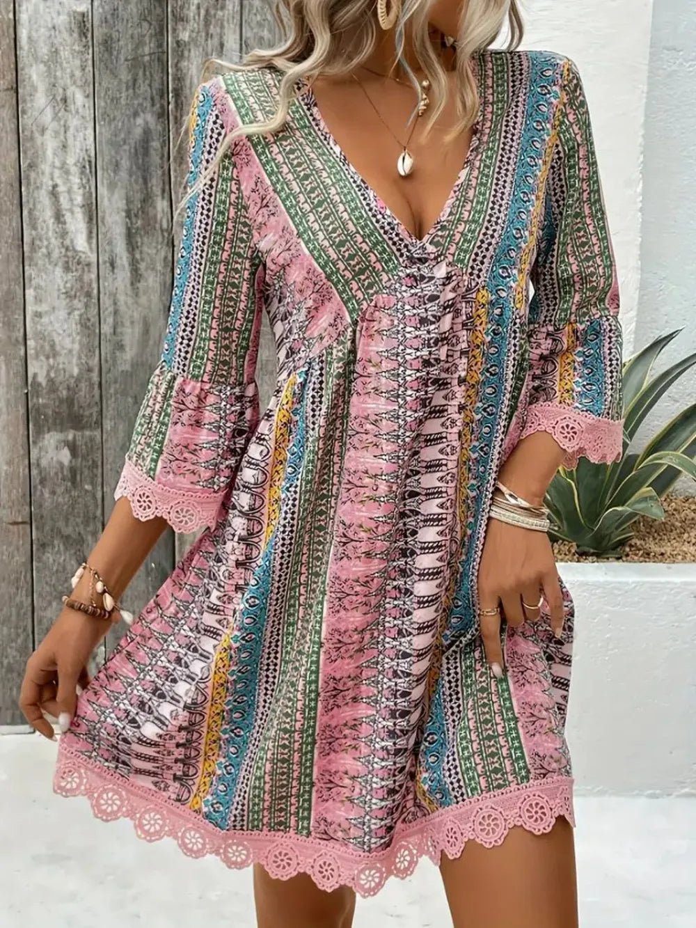 Lace Trim Printed V-Neck 3/4 Sleeve Dress - Lilixa.store