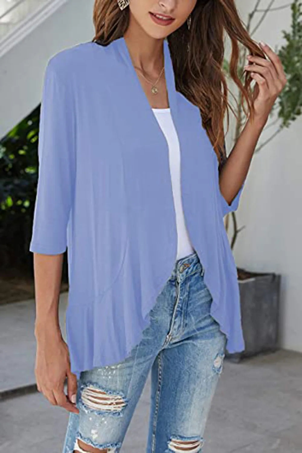 Open Front Three-Quarter Sleeve Cardigan in Light Blue