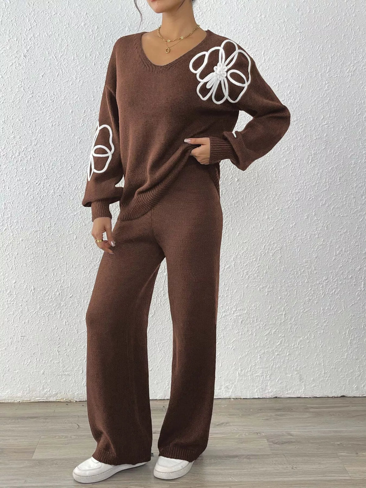 V-Neck Dropped Shoulder Top and Pants Sweater Set