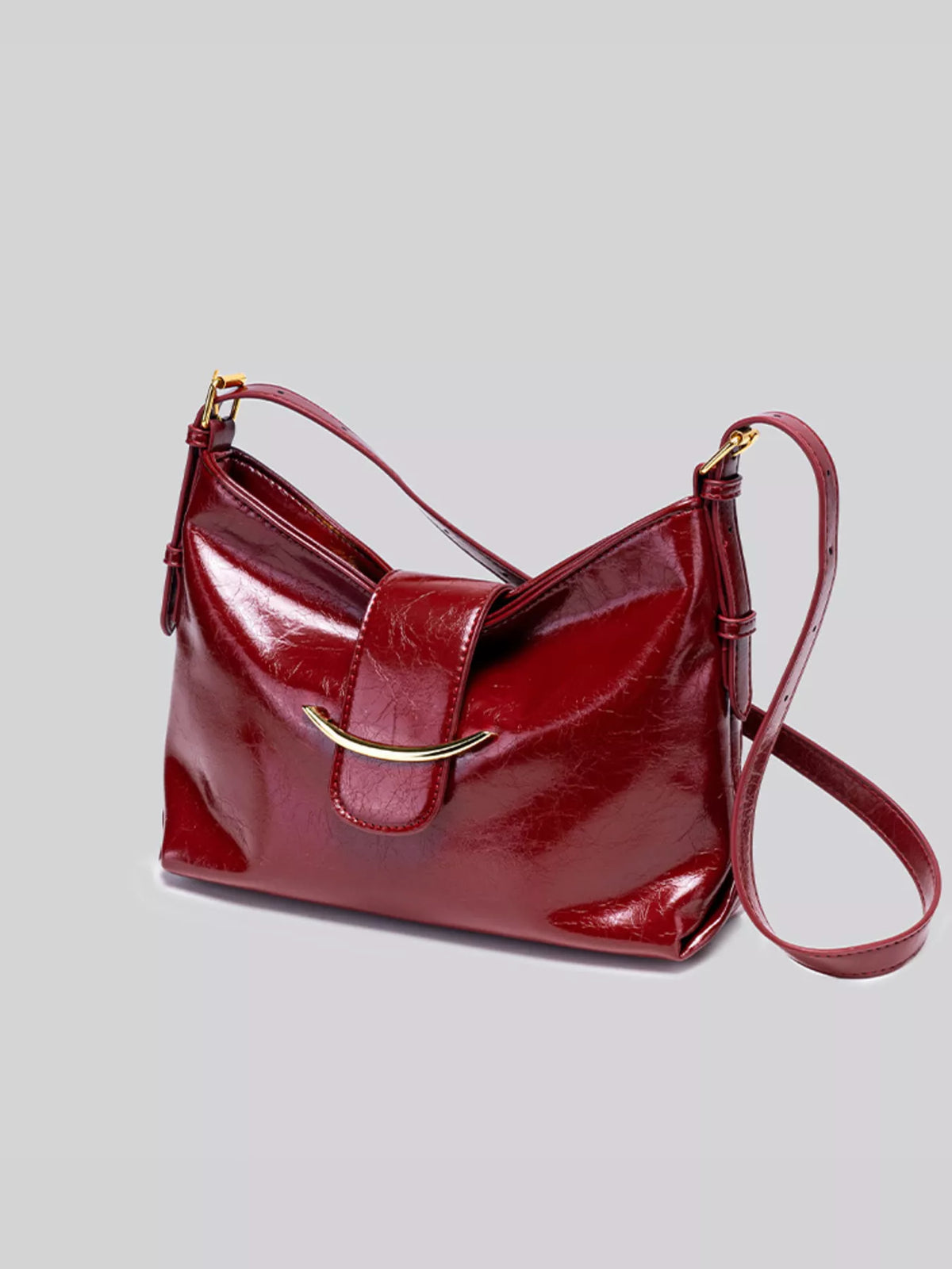 Elegant Glossy Patent Leather Shoulder Bag with Crescent Gold Accent in Wine Red, view 4