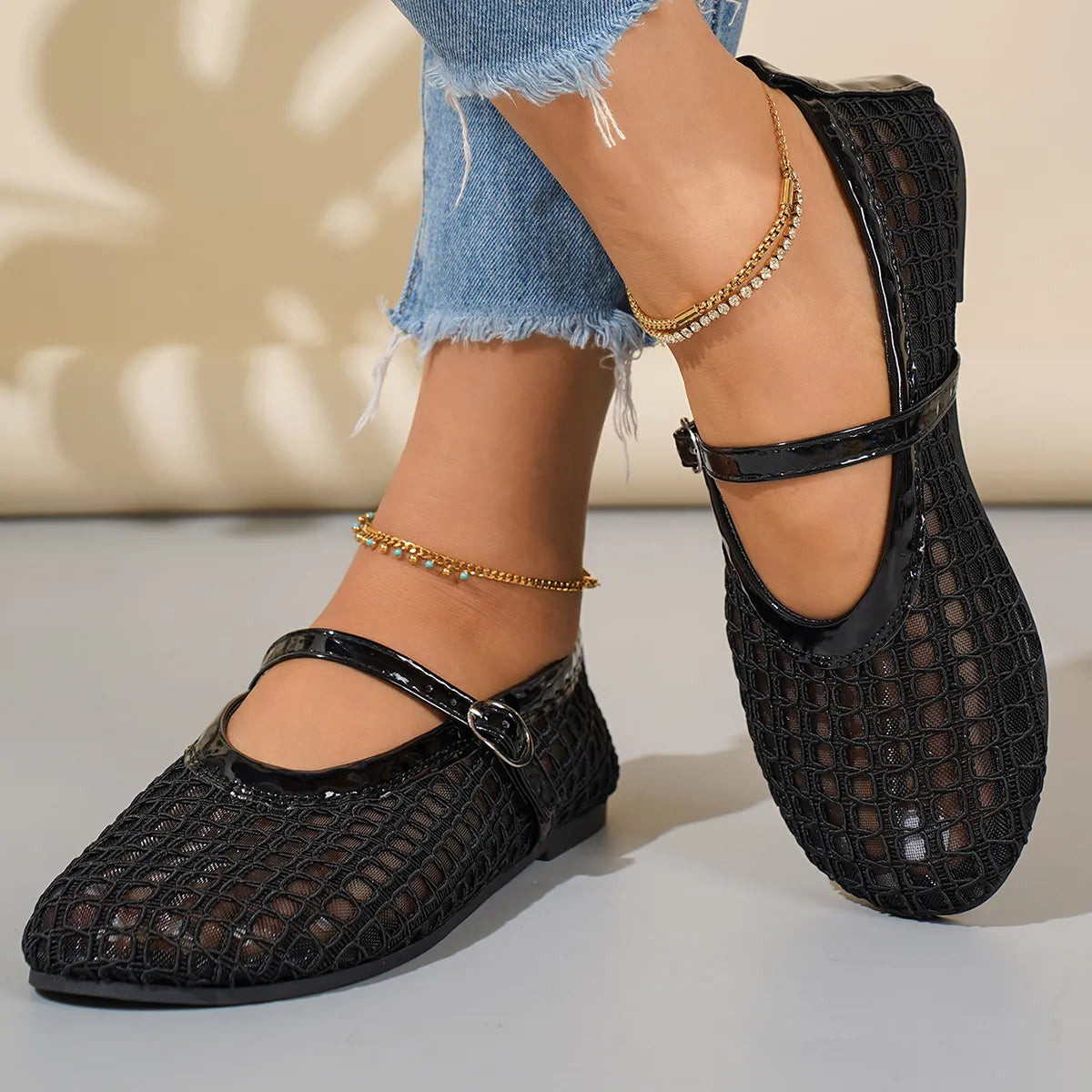 Woven Mesh Mary Jane Sandals with Buckle Strap, view 3