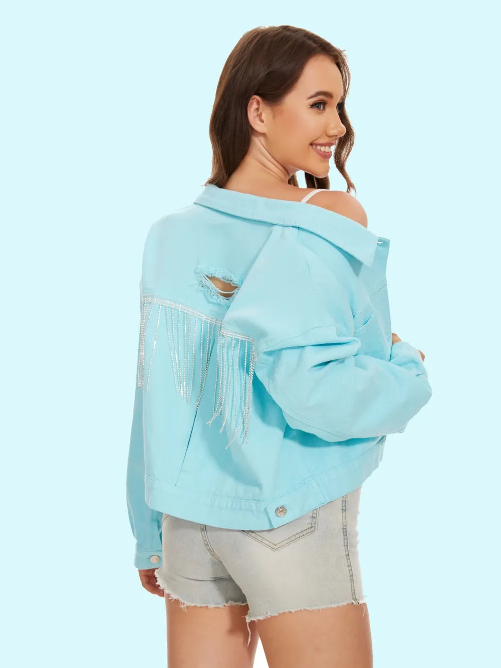 Distressed Distressed Button Up Denim Jacket, view 5