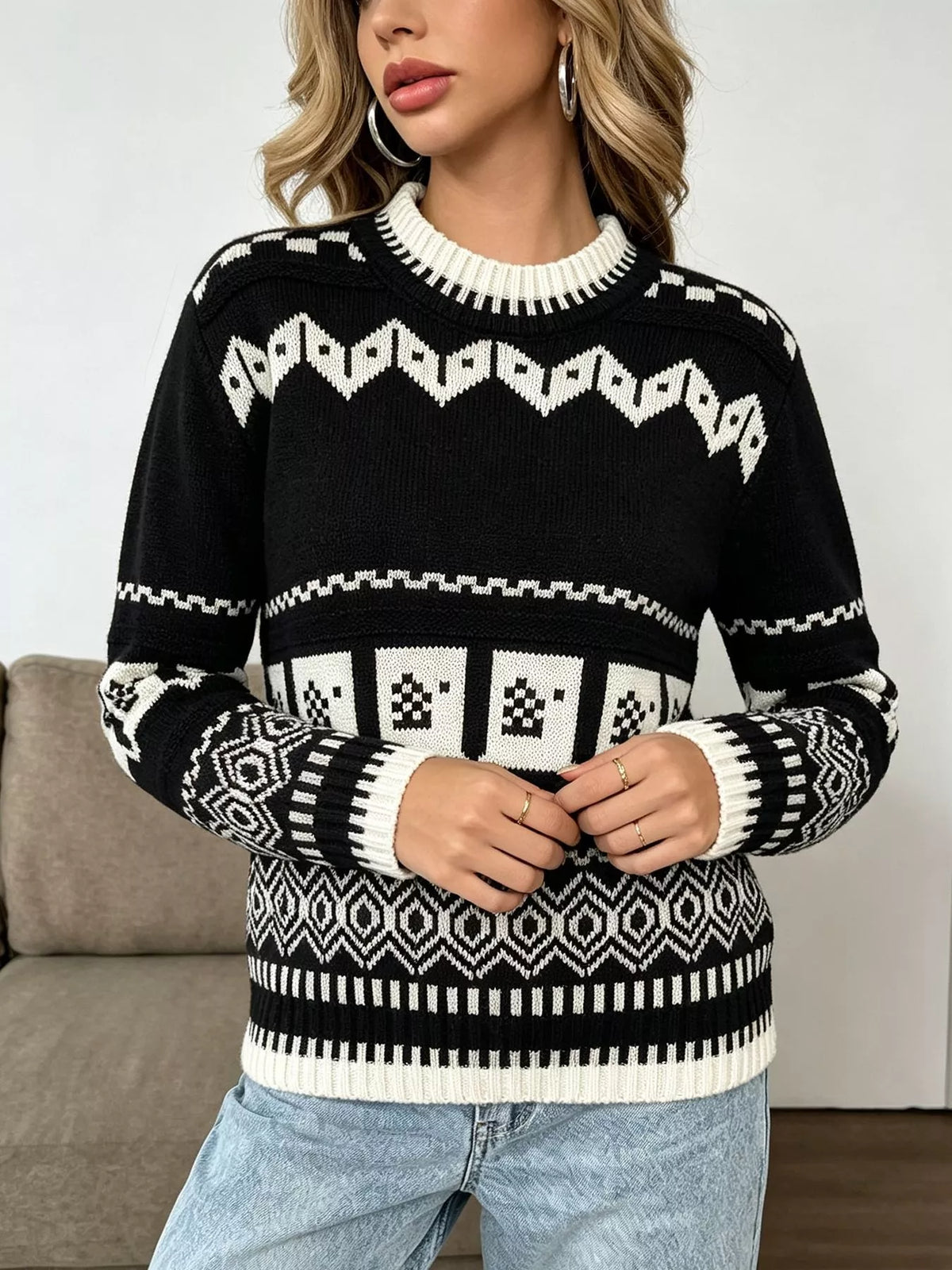 Christmas Festive Fair Isle Patterned Crew Neck Sweater, view 10