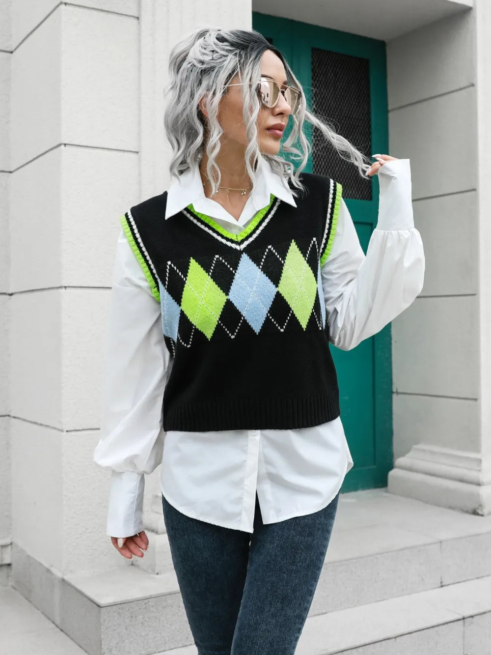 Geometric V-Neck Sweater Vest, view 2