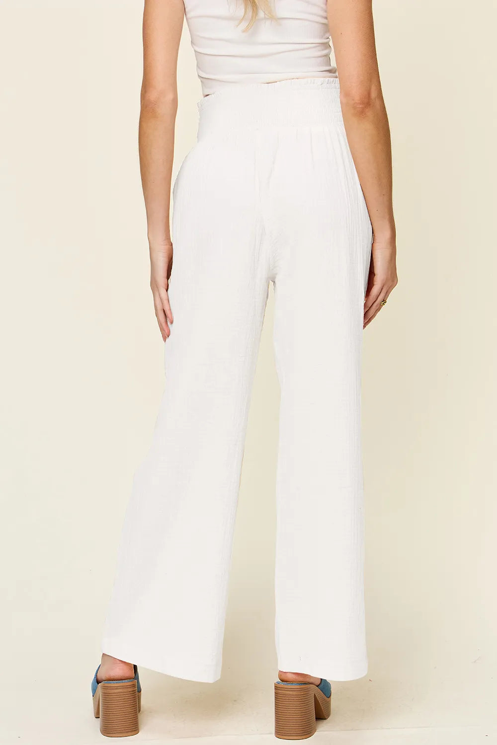 Double Take Full Size Texture Smocked Waist Wide Leg Pants - Lilixa.store
