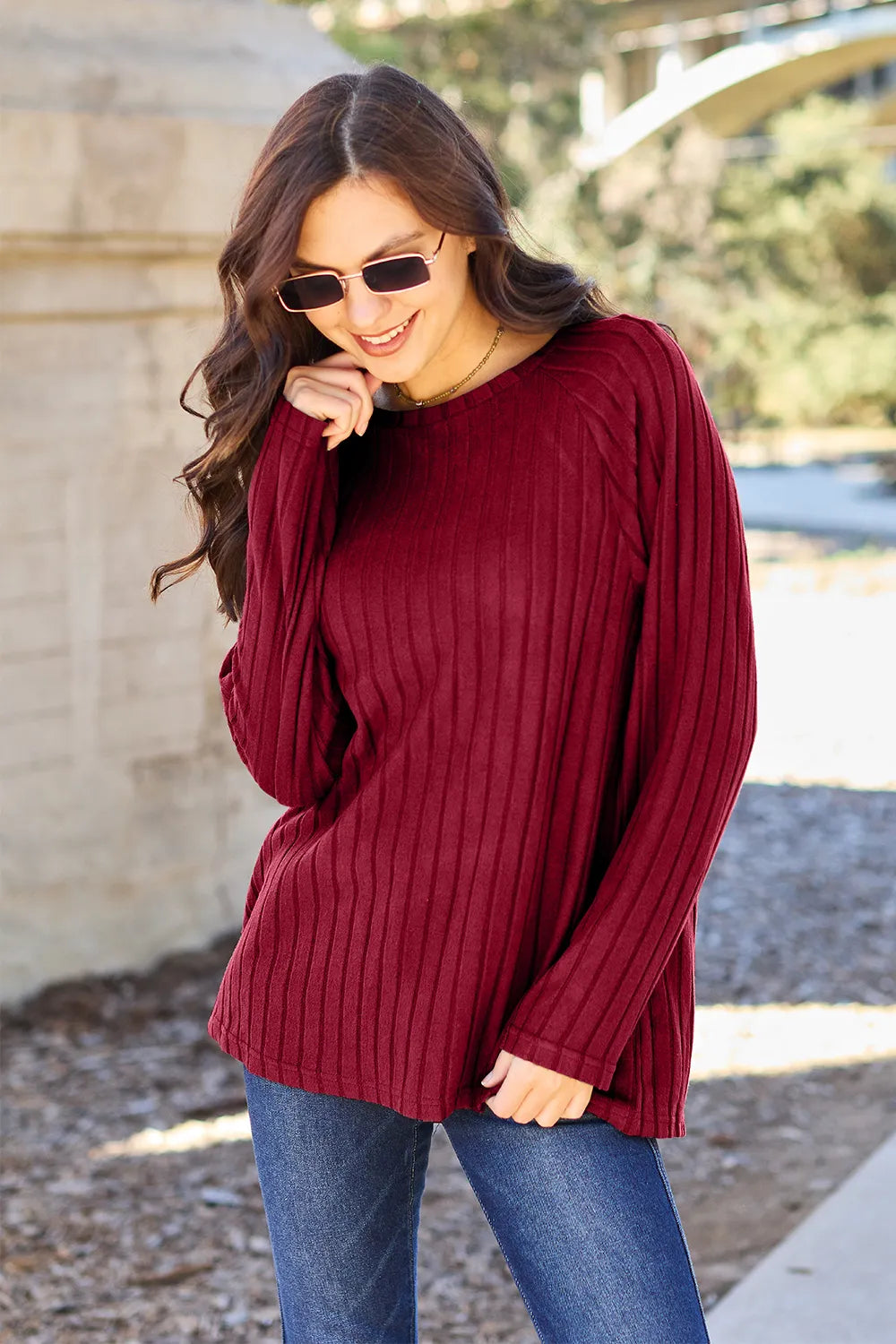 Basic Bae Full Size Ribbed Round Neck Long Sleeve Knit Top - Lilixa.store